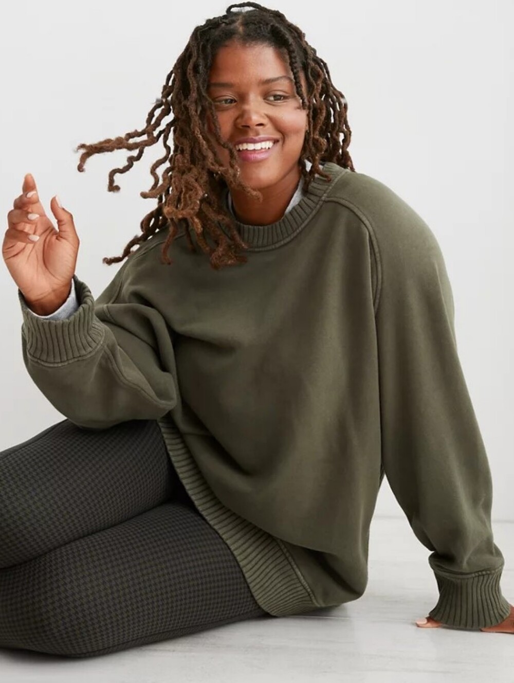 Aerie Down To Earth Olive Green Ribbed Oversized Pullover Crewneck Sweatshirt